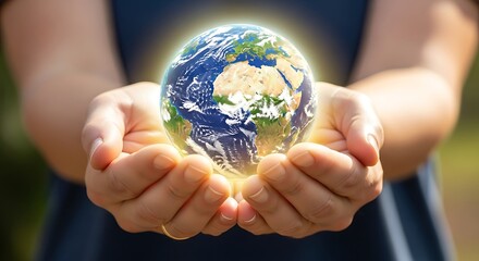 A person's hands gently holding a glowing miniature Earth, symbolizing environmental care, global unity, and a sustainable future
