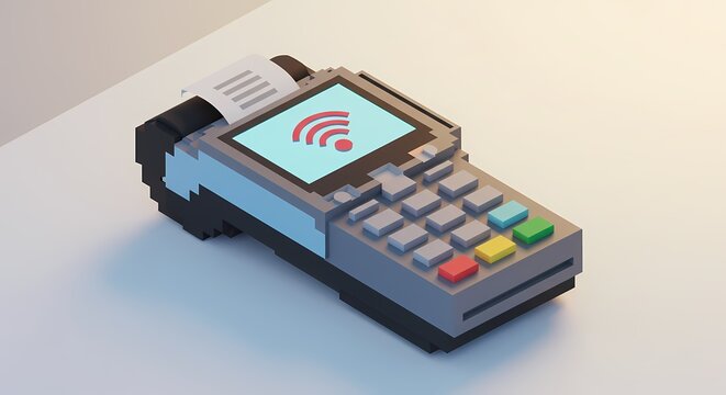 A stylized, pixelated payment terminal with a receipt printer, showcasing modern transaction technology