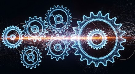 Interlocking digital cogwheels with a glowing energy stream symbolizing technology, business process, and innovation