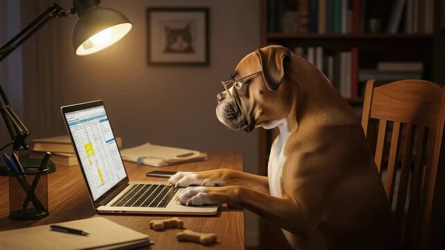 A boxer dog wearing glasses works late at a desk with a laptop, illuminated by a desk lamp