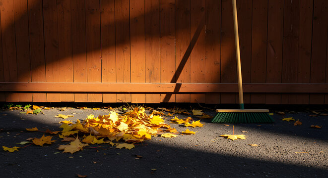 Broom and fallen autumn leaves by a wooden fence