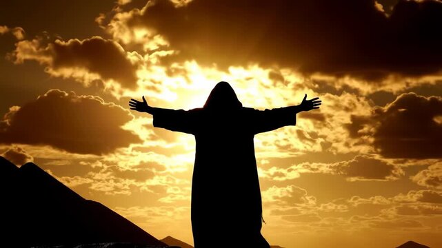 A silhouette of a prophetic figure with outstretched arms, embracing the divine light of a golden sunset over the mountains