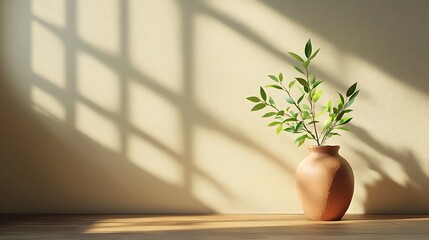 Fototapeta premium Still life of a vase with green leaves against a wall with window light creating shadows on the wall