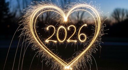 Sparkler heart shape with the year 2026 illuminated inside in the dark night sky during a celebration event