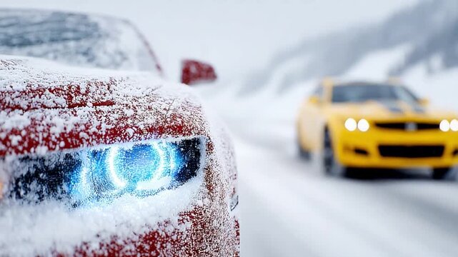 Winter Road Rally: Two dynamic vehicles conquer a snow-covered road, the lead car's illuminated headlights cutting through the frosty air. A thrilling spectacle of speed and power