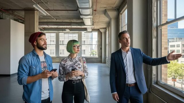 Real estate agent showing a modern office space to potential tenants or buyers - Powered by Adobe