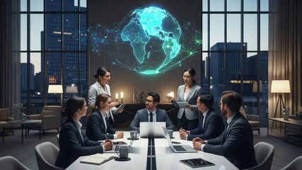 Diverse business team in a modern boardroom discusses global strategy with a holographic earth projection - Powered by Adobe