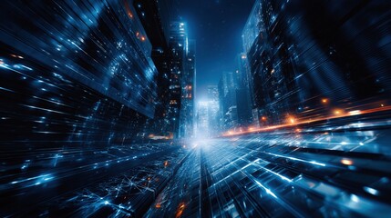 Fototapeta premium Futuristic cyber city skyline at night with glowing blue network connections and neon lights symbolizing digital communication and data flow. High-tech urban landscape, modern architecture, concept
