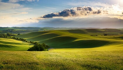 Obraz premium rolling hills of farmland sunlit fields and a partly cloudy sky