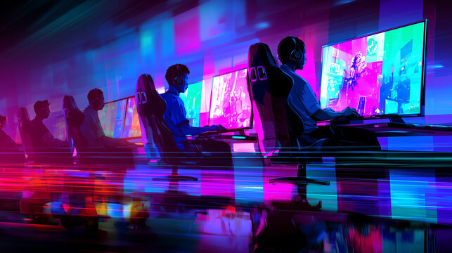 E Sports in Match, pro gamer team with male, wearing headphones, playing esports game on computer, global online streaming