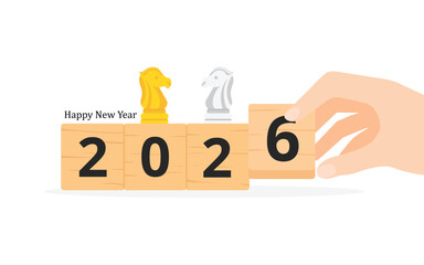 2026 New Year Goals and Strategy Vector Illustration with Chess Knights and Wooden Blocks