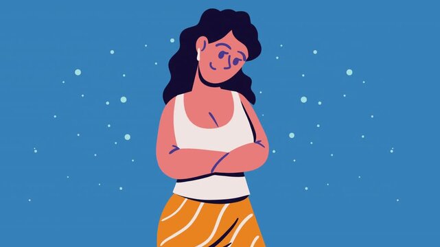 Woman with crossed arms listening to music on blue background female earphones