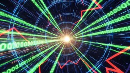 Abstract digital tunnel with binary code and stock market graph, representing data flow and financial analytics - Powered by Adobe