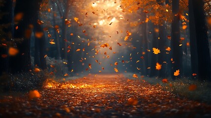 A scenic view of falling leaves in a forest during autumn with a path covered in foliage