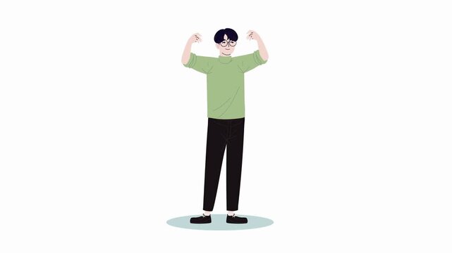 Young man with dark hair wearing glasses flexing his arms on a white background flexing arms