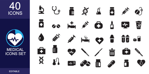 Medical Icons Set | 40 Editable Healthcare and Hospital Vector Symbols | Flat Minimal Design Pack