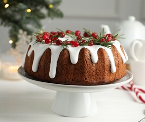 Tasty Christmas cake with icing, cranberries and rosemary on white wooden table, closeup