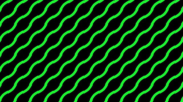 Animation a vibrant abstract pattern featuring parallel diagonal wavy bright green lines on a solid black background, creating a dynamic and rhythmic visual.