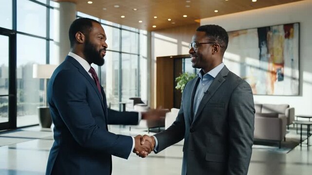 Professional greeting between colleagues in modern office lobby 70904175 4