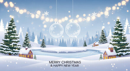 Magical Christmas village scene with snow covered trees and ornaments