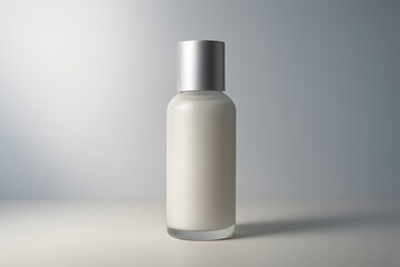 Essential Beauty Product: A sleek, minimalist bottle of skincare essential, epitomizing clean beauty, is elegantly presented under soft, diffused lighting.