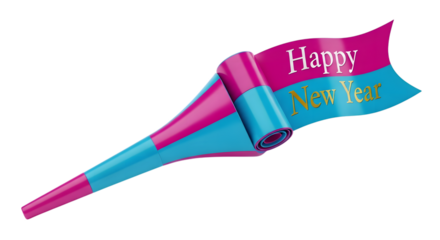 Brightly colored party horn with happy new year message