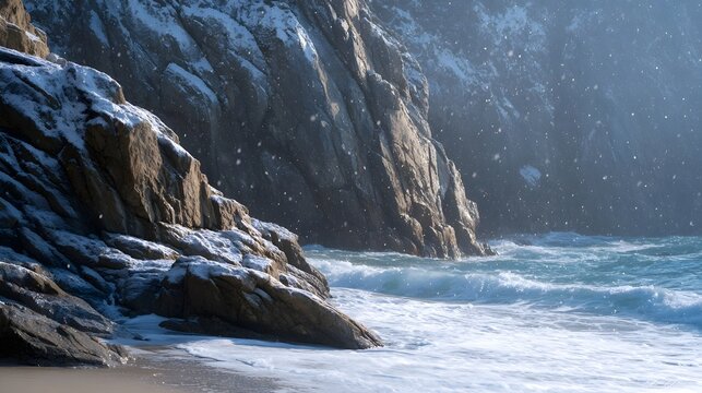 Winter snowfall descends on rugged coastal cliffs with powerful waves crashing onto a serene beach