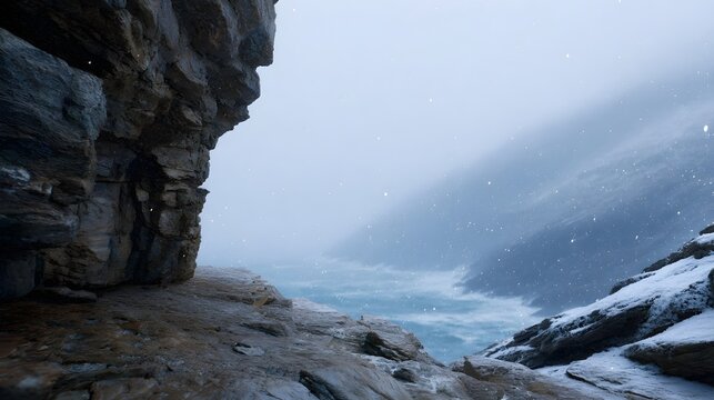 Rugged snow dusted rocky coast with dramatic waves crashing against cliffs under a misty winter sky