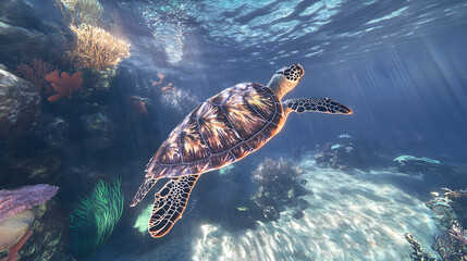 Majestic Sea Turtle in Pritine Ocean Waters Amidst Vbrant Coral Reefs CapturedUnderwater