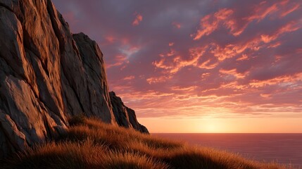 Dramatic crimson sunset paints the sky over a calm ocean viewed from a windswept rocky cliff with dry grass
