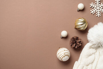 Winter flat lay background. Mocha Mousse color 2025.