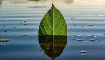 Vibrant green leaf emerges from calm water, casting a perfect reflection, symbolizing growth and renewal in a serene natural setting.