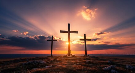 Three Crosses Silhouetted Against a Dramatic Sunset Sky.