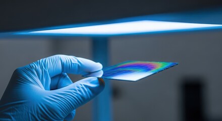 A gloved hand holds a thin iridescent film under a bright blue light, showcasing the materials unique optical properties and potential applications