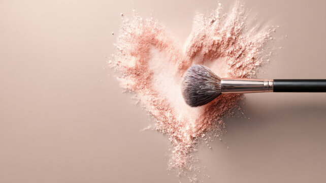 A makeup brush forming a heart shape with powder, a concept of beauty and love. The delicate colors create an inviting and alluring visual. - Powered by Adobe