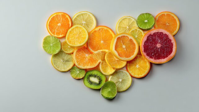 A vibrant heart shape made of colorful citrus fruit slices  - Powered by Adobe
