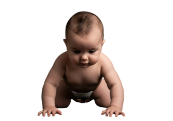 Adorable baby crawling on the floor with a curious expression on black