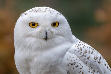 Obraz premium Majestic white owl with striking yellow eyes gazes directly forward