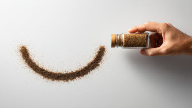 A hand using powder to create a smiling face, conveying a message of positivity and happiness. 