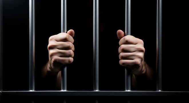 A dramatic close-up of a person's hands tightly gripping the cold steel bars of a prison cell, symbolizing confinement and the justice system
