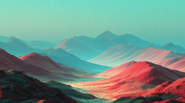 Abstract mountains in pink and turquoise tones create a surreal landscape with soft light and deep perspective.