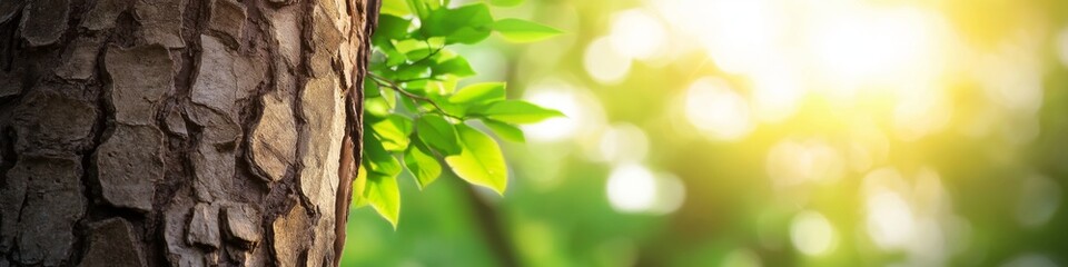 Tree bark texture with sun illuminating forest background