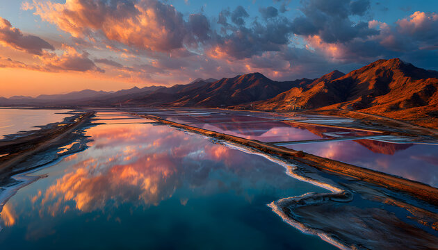 Aerial view of mineral mining evaporation ponds. Industrial landscape with brine pools reflects sunset light. Eco tech for lithium extraction in desert mountains. Critical raw material for electric