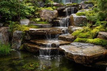 Fototapeta premium Cascading water flows over layered stones creating a tranquil garden water feature surrounded by vibrant greenery