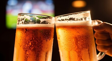 Two beer mugs clinking in celebration while watching sports.