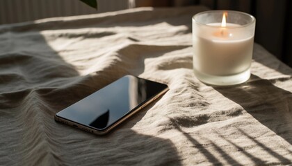 Serene moment with glowing candle and modern smartphone resting on textured fabric, bathed in soft sunlight creating calming shadows