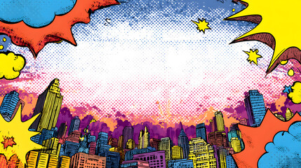 Superhero kids birthday background, thin comic-style border, halftone pattern, cartoon city skyline, action bursts and stars, bright colorful frame.