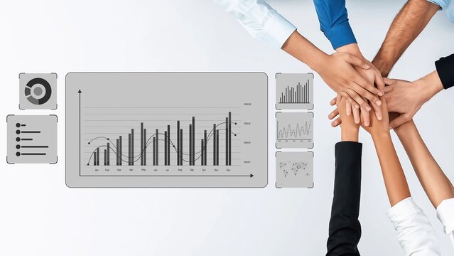 A diverse team collaborates in a business setting, focusing on data analysis and growth trends. Their hands come together to symbolize unity and cooperation in achieving goals. Raster