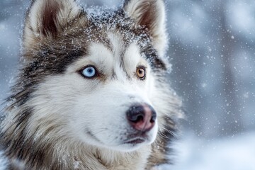 Obraz premium Close up portrait of a fluffy canine with heterochromia standing in falling snow