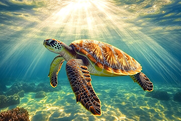 Majestic Sea Turtle in Pritine Ocean Waters Amidst Vbrant Coral Reefs CapturedUnderwater